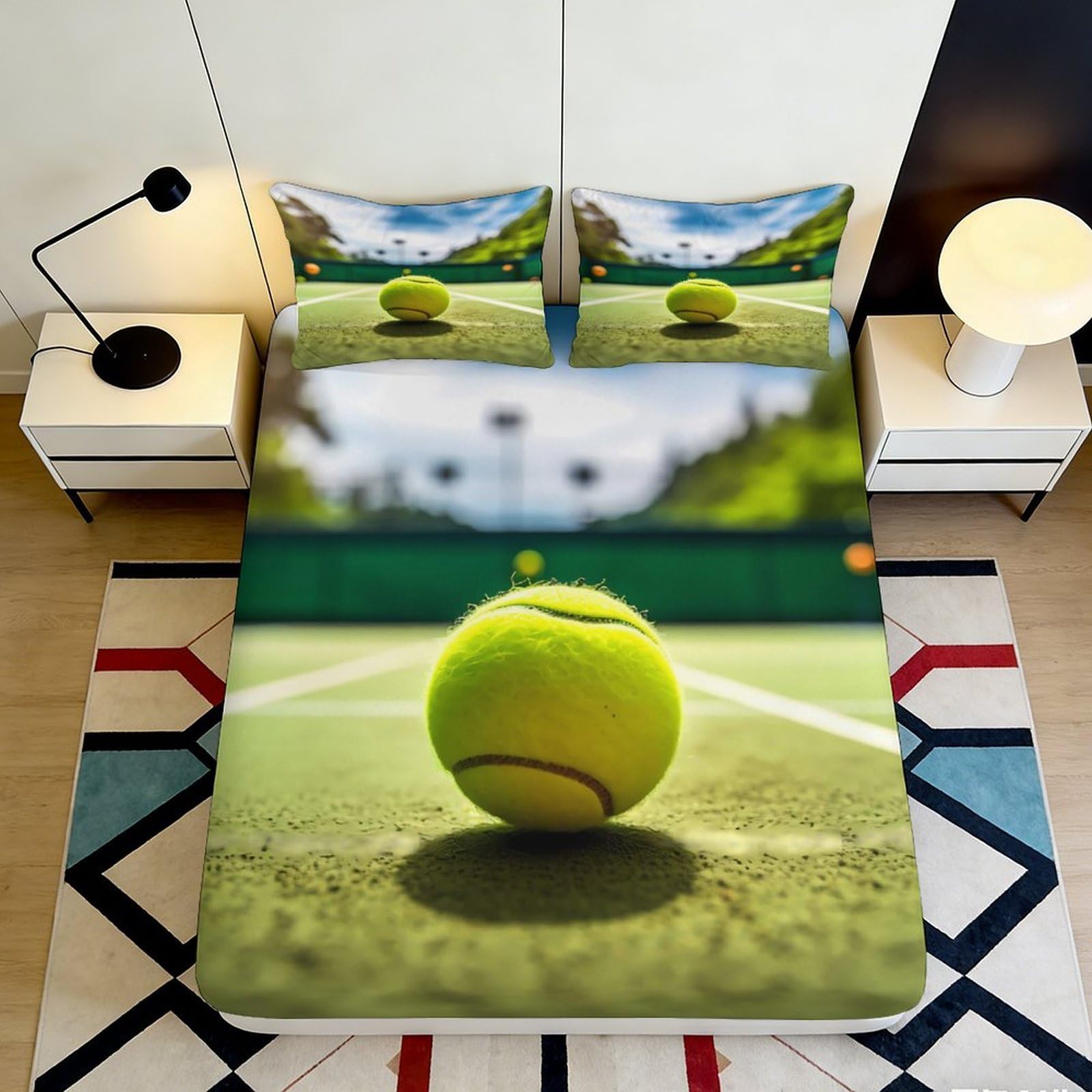3D Printed Tennis Fitted Sheet Microfiber Deep Pocket Non-Slip Bedroom Tennis Mattress Fitted Cover Washable 160x200x25cm