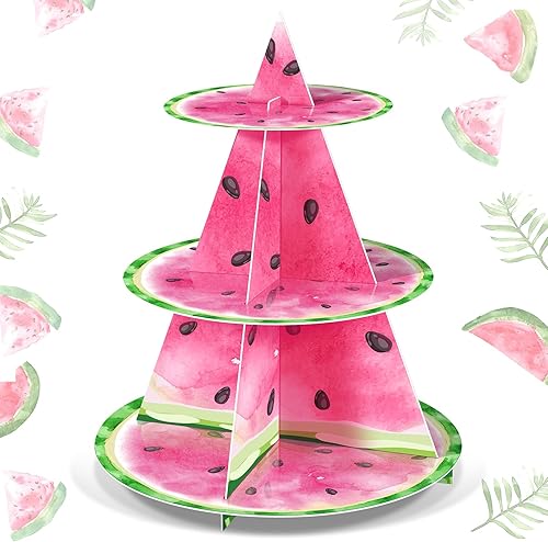 Sliner Soporte para cupcakes de sandía de 3 niveles, decoración de fiesta de verano con tema de sandía, torre de postre de cumpleaños rosa para