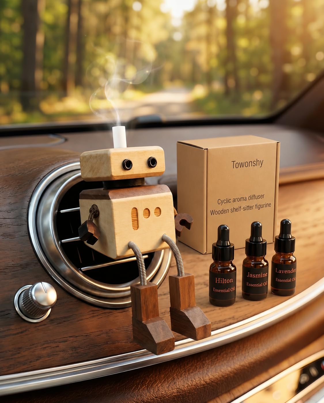 Wackelnder Holzmann Autoduft mit 3 Parfüms (Lavendel/Hiltonn/Jasmin), Handgemachtes Holz Auto Duft-Dekor, Wackelfigur Auto Duft, Wackelnde Holzfigur lufterfrischer, Schüttelmann Auto Parfüm