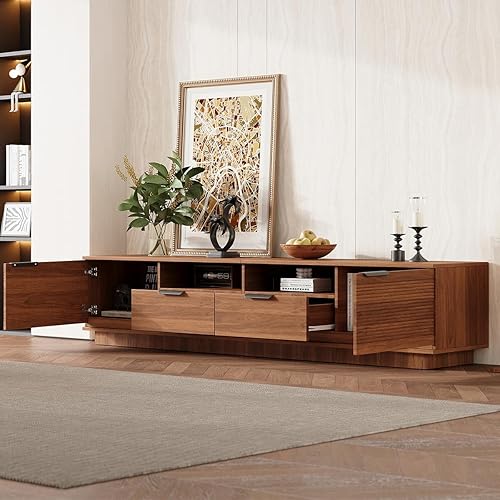 Bennbari 78" Modern Wood-Grain TV Stand for TVs Up to 85 Inch, Fluted Entertainment Center with 2 Deep Drawers, Media Console with 2 Cabinets & Open Shelves for Living Room (Walnut)