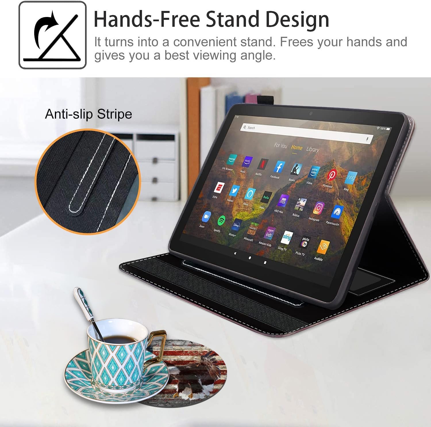 Case for Amazon Fire HD 10 Tablet 10.1 inch (9th/7th Generation, 2019/2017 Release) - Slim Lightweight PU Leather Stand Cover with Auto Wake/Sleep, Military Wall Graffiti USA Flag Bald Eagle