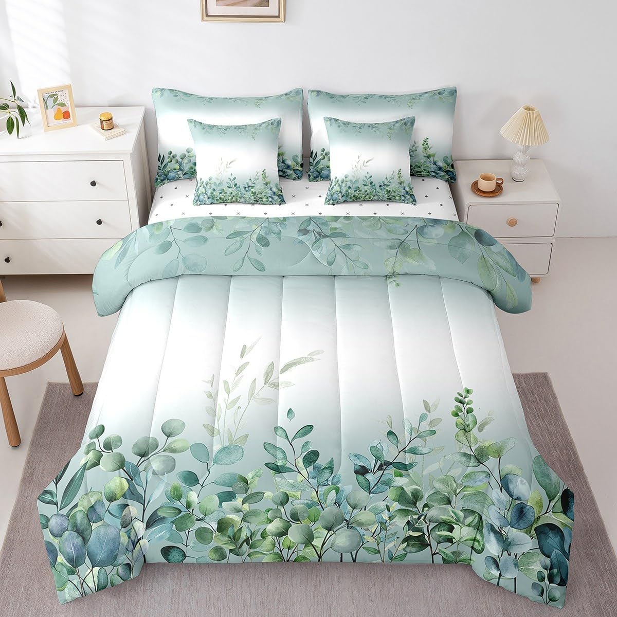 Sage Green Eucalyptus Bedding Rustic Farmhouse Full Comforter Set with Sheets 7 Piece Watercolor Botanical Leaves Bed in A Bag for Kids Adults Eucalyptus Plants Country Bed Set