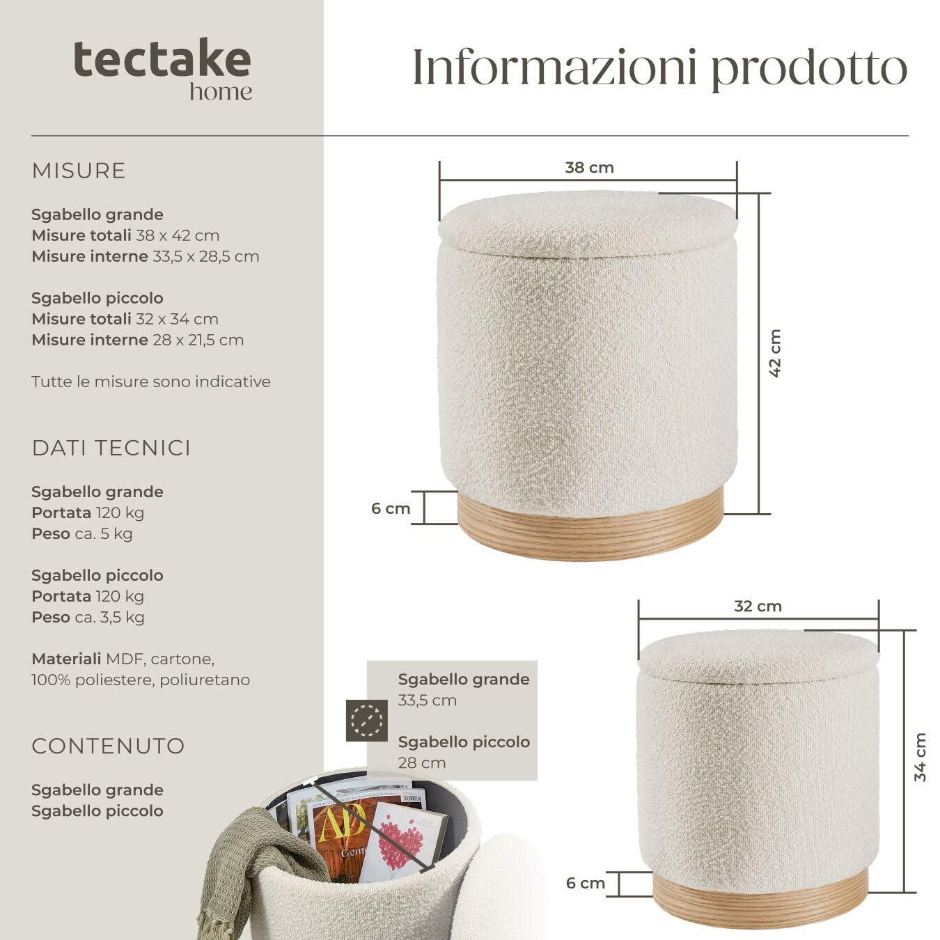 tectake® Set di 2 Pouf Contenitore, Sgabelli Imbottiti Rivestimento Bouclé, Pouf Letto Stile Scandinavo per Camera da Letto Contenitore e da Salotto - Crema
