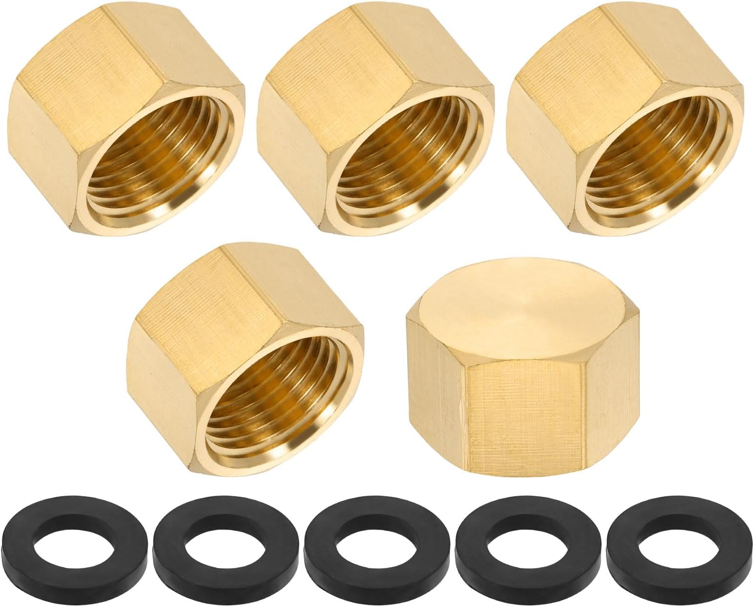 1/2" NPT Female Brass Pipe Fitting Cap Set, 5Pcs Outer Hex Thread Socket Plug Ends Sealing Cap Stop Valve Connector with Rubber Gasket for Faucets Tap Irrigation System