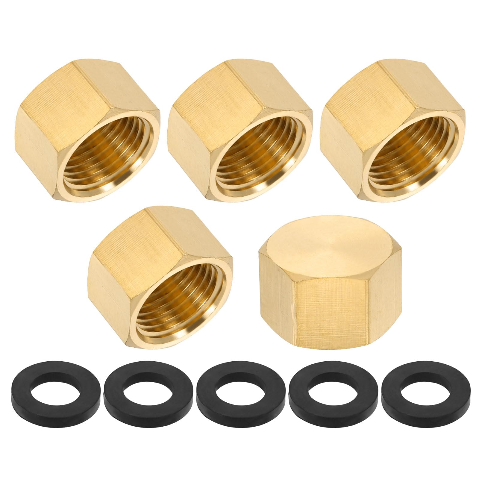 PATIKIL 1/2" NPT Female Brass Pipe Fitting Cap Set, 5Pcs Outer Hex Thread Socket Plug Ends Sealing Cap Stop Valve Connector with Rubber Gasket for Faucets Tap Irrigation System