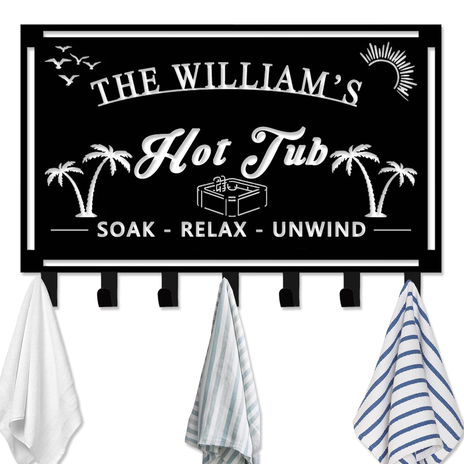 Custom Hot Tub Towel Rack Wall Mount Personalized Name Towel Hook Outdoor Towel Holder Organizer Hot Tub Accessories for Towels Robes Coat Swimsuit