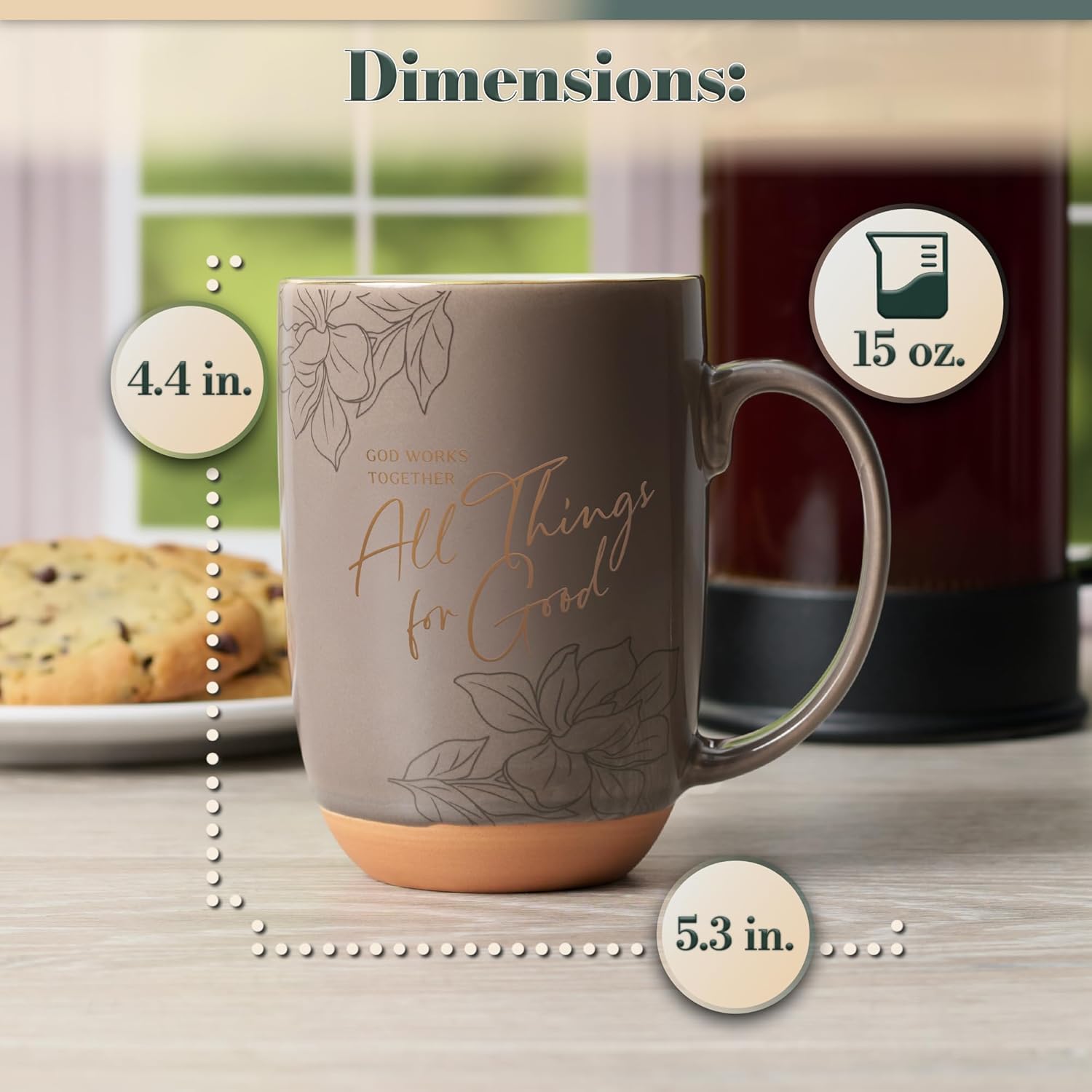 Christian Art Gifts Large Inspirational Ceramic Bible Verse Coffee & Tea Mug for Women: All Things for Good Encouraging Scripture, Novelty Golden Beverage Cup, Clay Base, Taupe & White Floral, 15 oz. - Image 2