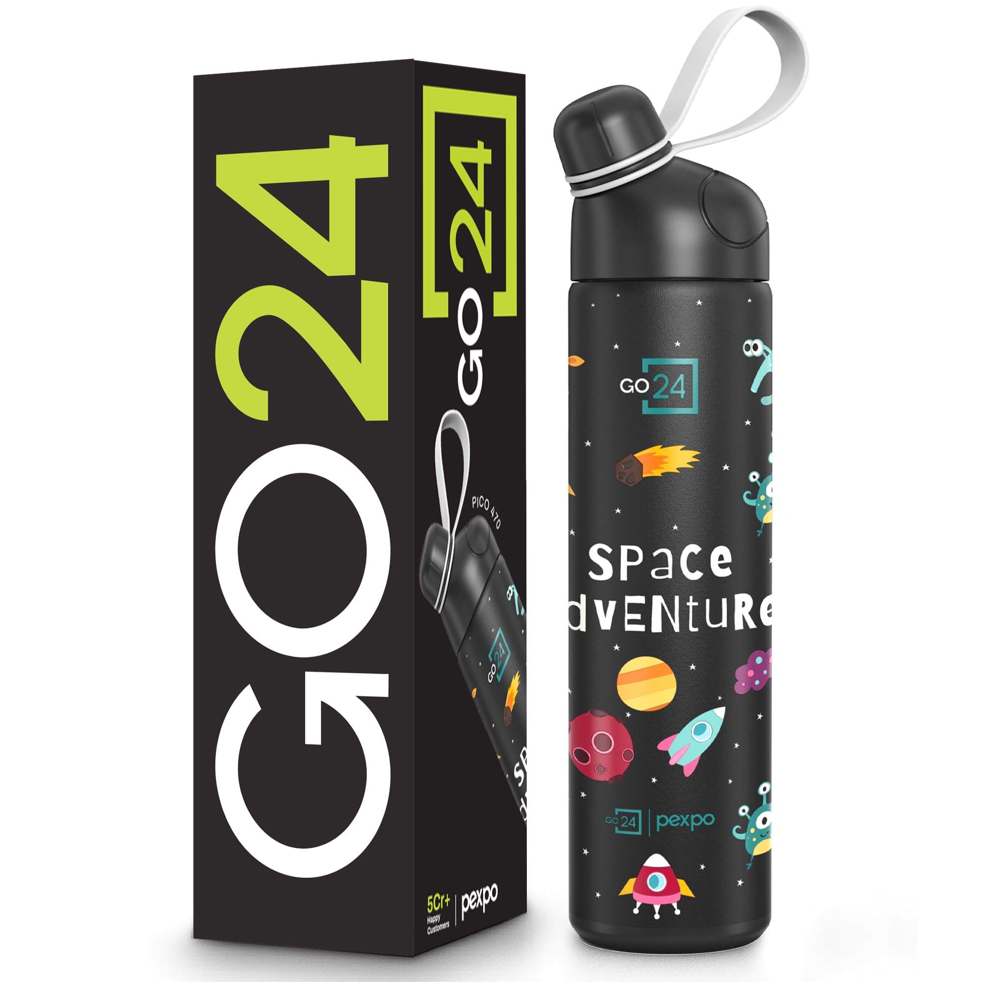Pexpo Pico 500 ISI Certified Stainless Steel Sipper Water Bottle for Kids 470ml Hot & Cold Thermos Water Bottle | Insulated Water Bottle | 6+ Years Kids | RCB Edition - Black Space Print Design-image-16