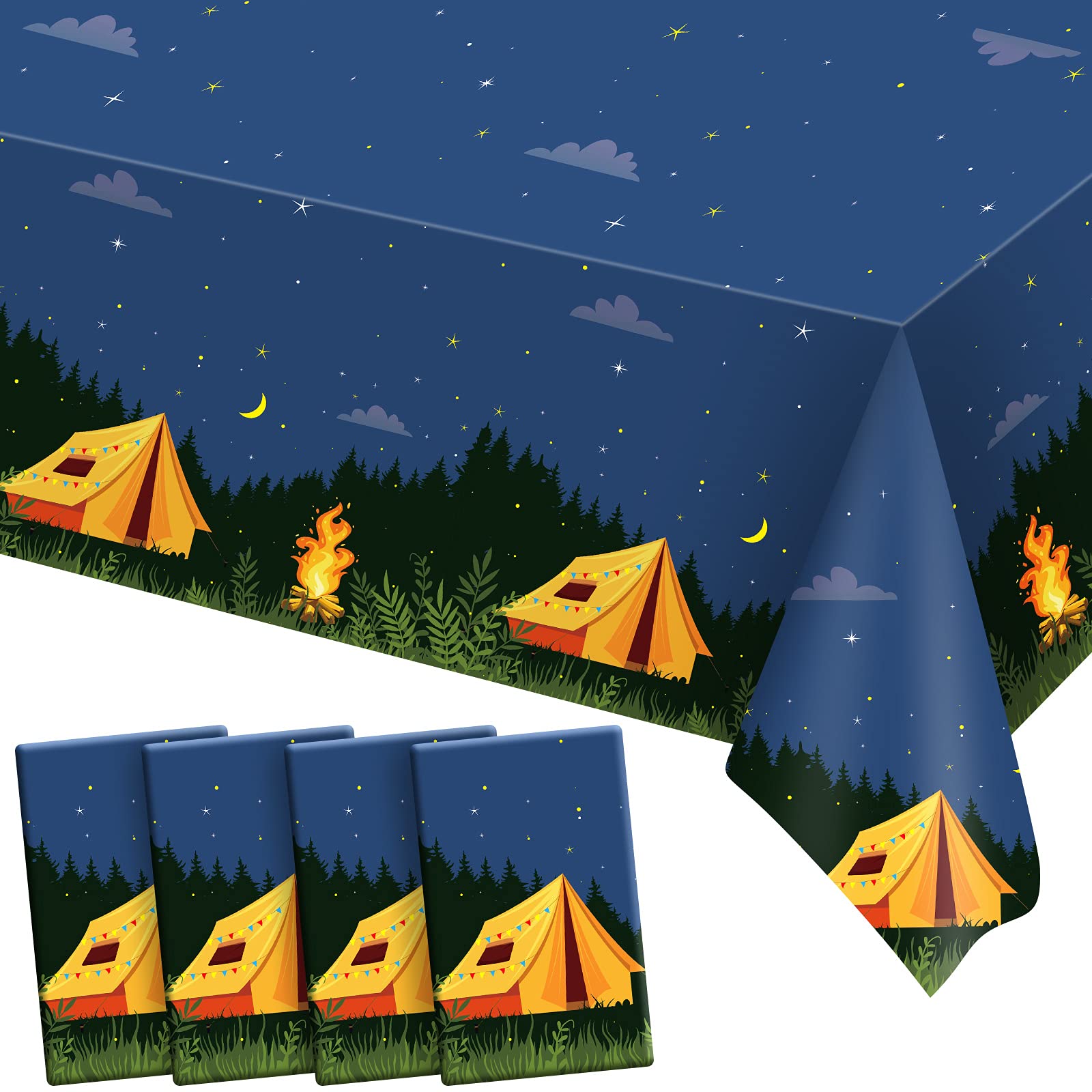 Breling 4 Pieces Camping Party Decorations Camping Tablecloth Plastic Rectangular Campfire Table Cover for Picnic Hiking Adventure Birthday Party