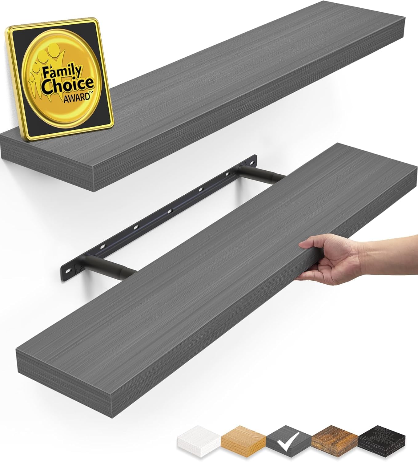 BAYKA Grey Floating Shelves 22.5in, Set of 2, Wall Mounted for Wall Deocr | Easy Install, 22lbs Max Load, Hidden Bracket, Shelving for Bathroom Bedroom Kitchen Book Room Storage, Multi-Wall Compatible D. Grey - Industrial Edge Style 2 22.5inches