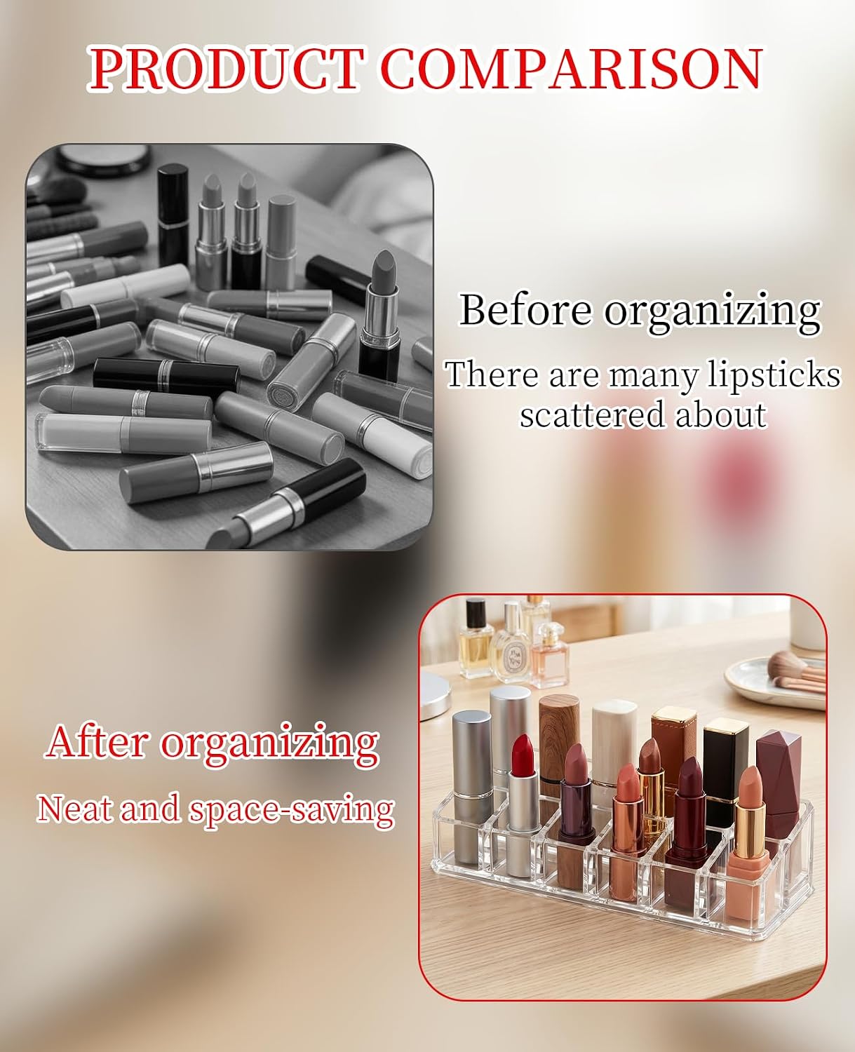 2pcs Lipstick Organizer, 12 Slots Lip Gloss Stick Holder, Clear Acrylic Rollerball Perfume Sample Organizer