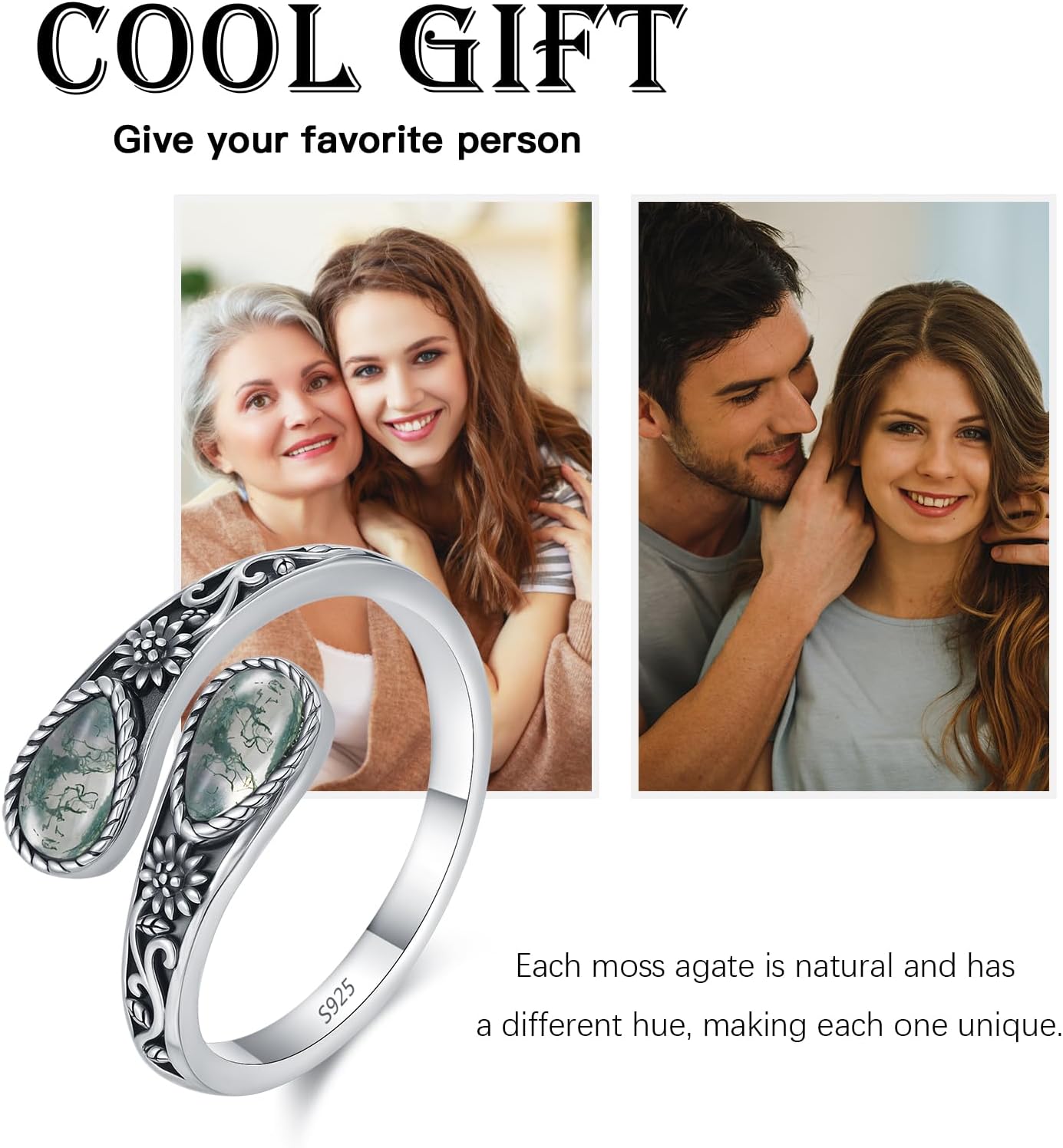 KiiKii Moss Agate Ring 925 Sterling Silver Adjustable Open Lotus/Sunflower/Butterfly Spoon Ring Statement Jewelry Birthday Gifts for Women - Image 7