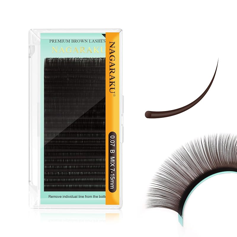 Extensões de cílios individuais NAGARAKU curvatura B, 0,07, 7–15 mm, marrom-escuro