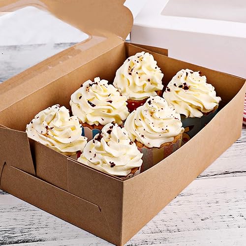 Miniatura 5 de Lainrrew 15 paquetes de cajas para cupcakes, 6 cavidades de papel kraft marrón para cupcakes, soportes para cupcakes con ventana transparente para