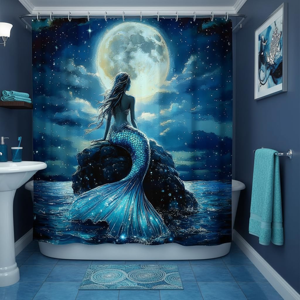Mermaid Ocean Theme Shower Curtain Full Moon Moonlight Fish Scales Starry Sky Galaxy Cloud Blue Mermaid Bathroom Polyester Curtains Set with Hooks 70x84 Inch