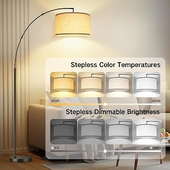 OUTON 81 Arc Floor Lamp, 12W 1080LM LED Dimmable Floor Lamp with 16 Beige Lampshade, Remote Control & Foot Switch, 4 Colour Temperatures, Tall Standing Lamp for Living Room Bedroom Office, Black