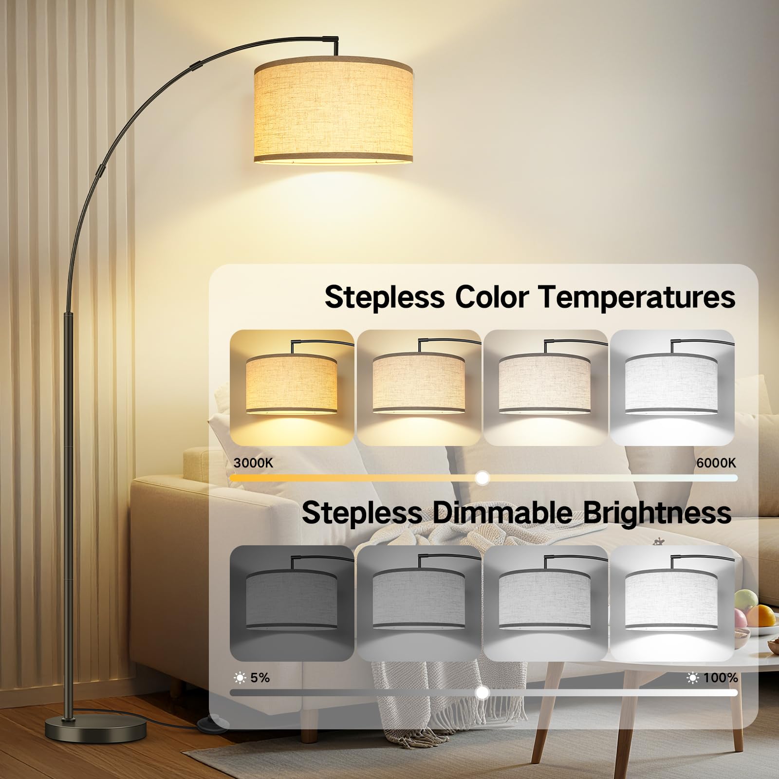 OUTON Lampada da Terra ad Arco, Lampada ad Arco Moderna con Telecomando e Interruttore a Pedale, Paralume Beige da 40cm, Lampadina E27, Piantana LED da 205cm per Soggiorno, Camera da Letto, Ufficio