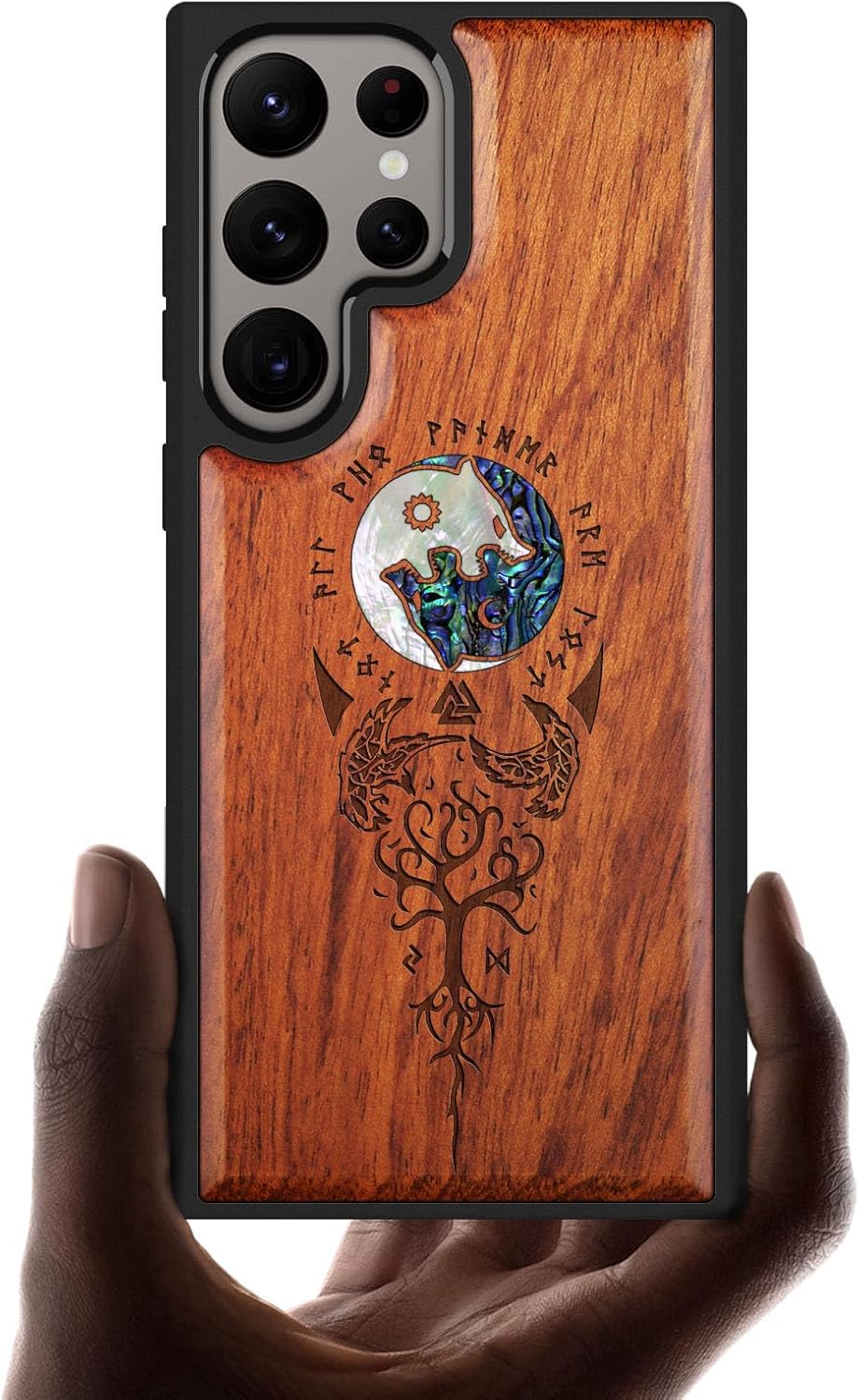 Carveit Designer Wooden Case for Samsung Galaxy S24 Ultra Case [Wood Engraving & Shell Inlay] Compatible with Wireless Chargers S24 Ultra Cover (Yin Yang Wolf-Rosy)