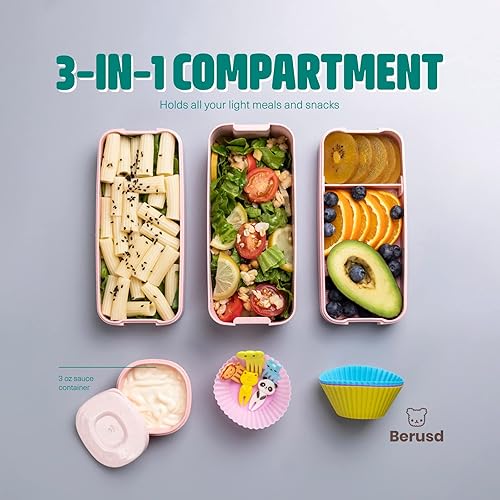 Miniatura 4 de Berusd Bento Box - Juego de 3 recipientes apilables a prueba de fugas, kit de accesorios, sin BPA, microondas, congelador, lavavajillas