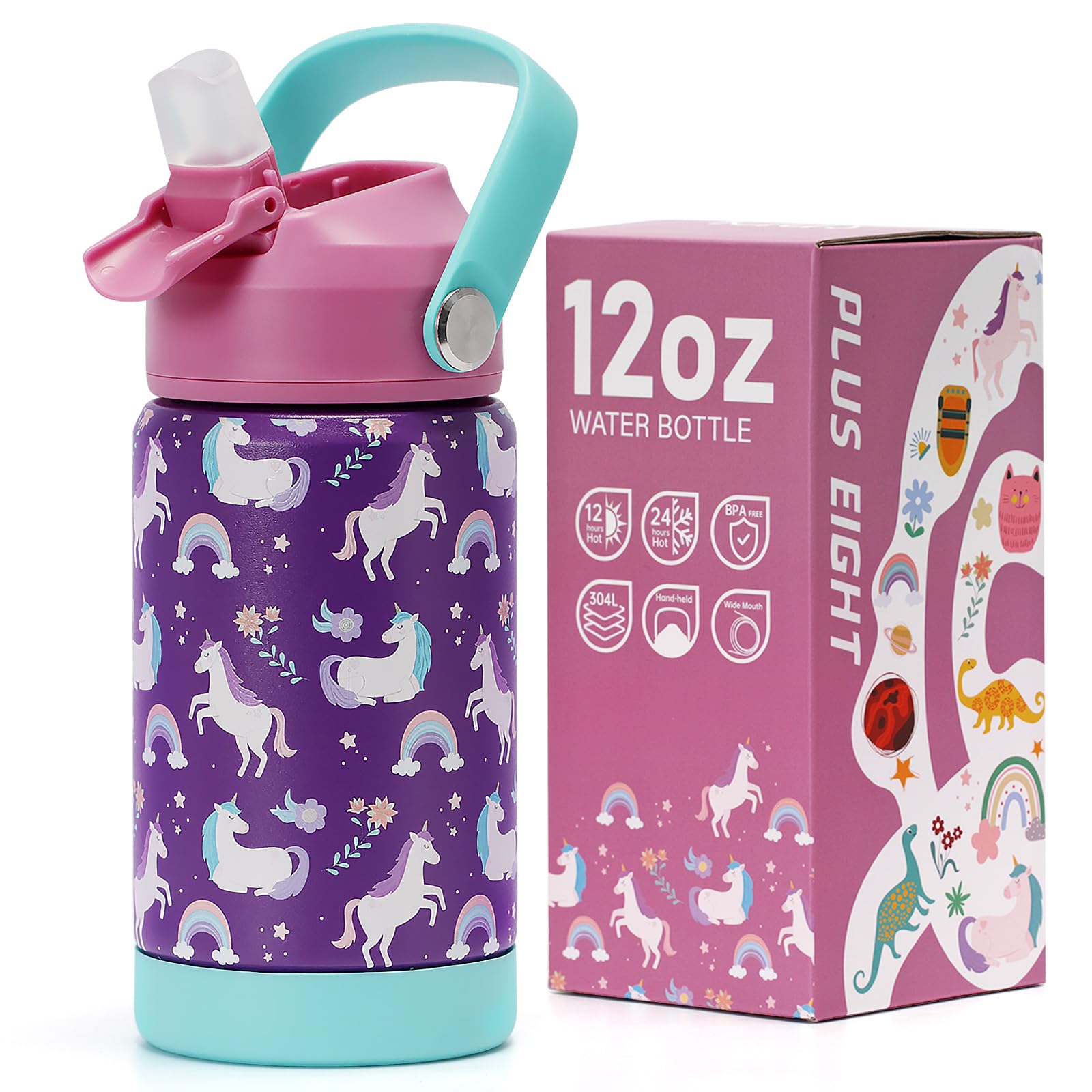pluseight Kids Insulated Water Bottle with Straw Lid, 12 oz BPA-Free Double Wall Vacuum Tumbler 18/8 Stainless Steel Leak Proof Kids Cups with Straw for School Travel Boys Girls (Unicorn) — image 1