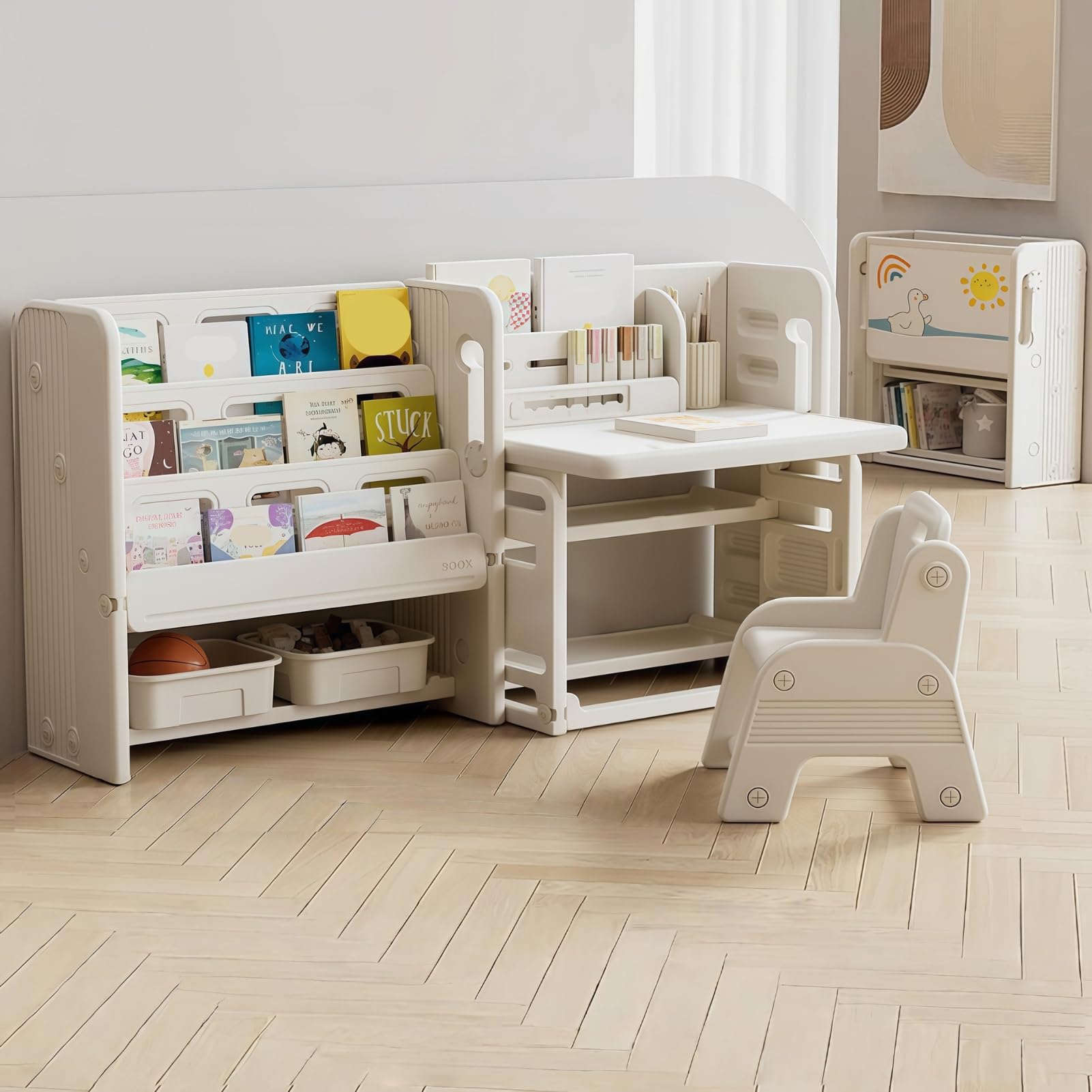 SOFTSEA Folding Kids Desk, Chair, Picture Bookshelf Set, Set of 3, Multi-functional, Picture Book Rack, Toy Storage, Study Desk, Toddler Desk, Includes Whiteboard, Angle Adjustable Tabletop, Folding