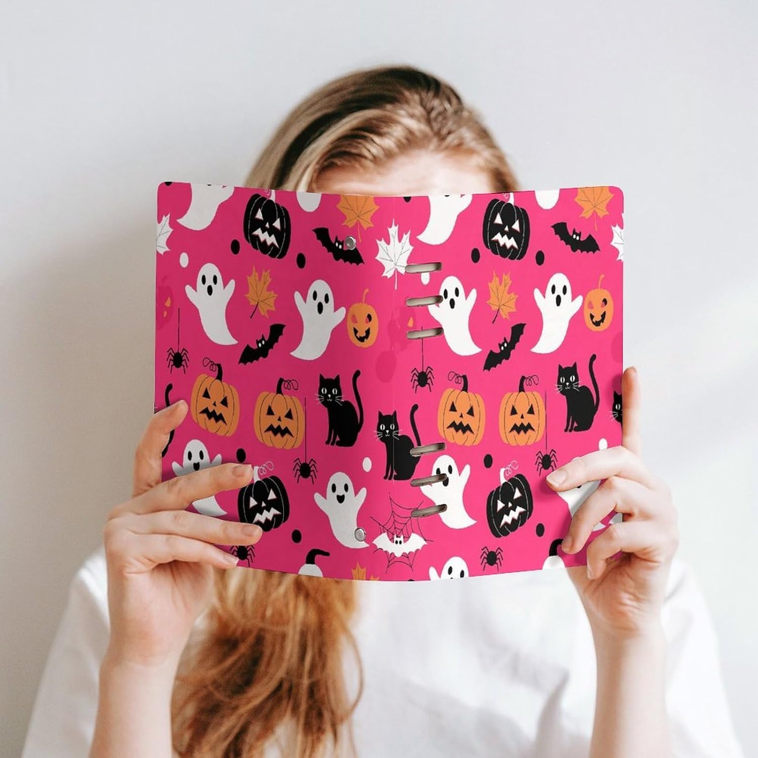 JOJOART Halloween Ghost Black Cat Journals Binder Notebook Loose Leaf 6-Ring Professional Notebook,Spiral Notebooks Refillable Journal Notebook,90 Sheets for Office Travel Planner
