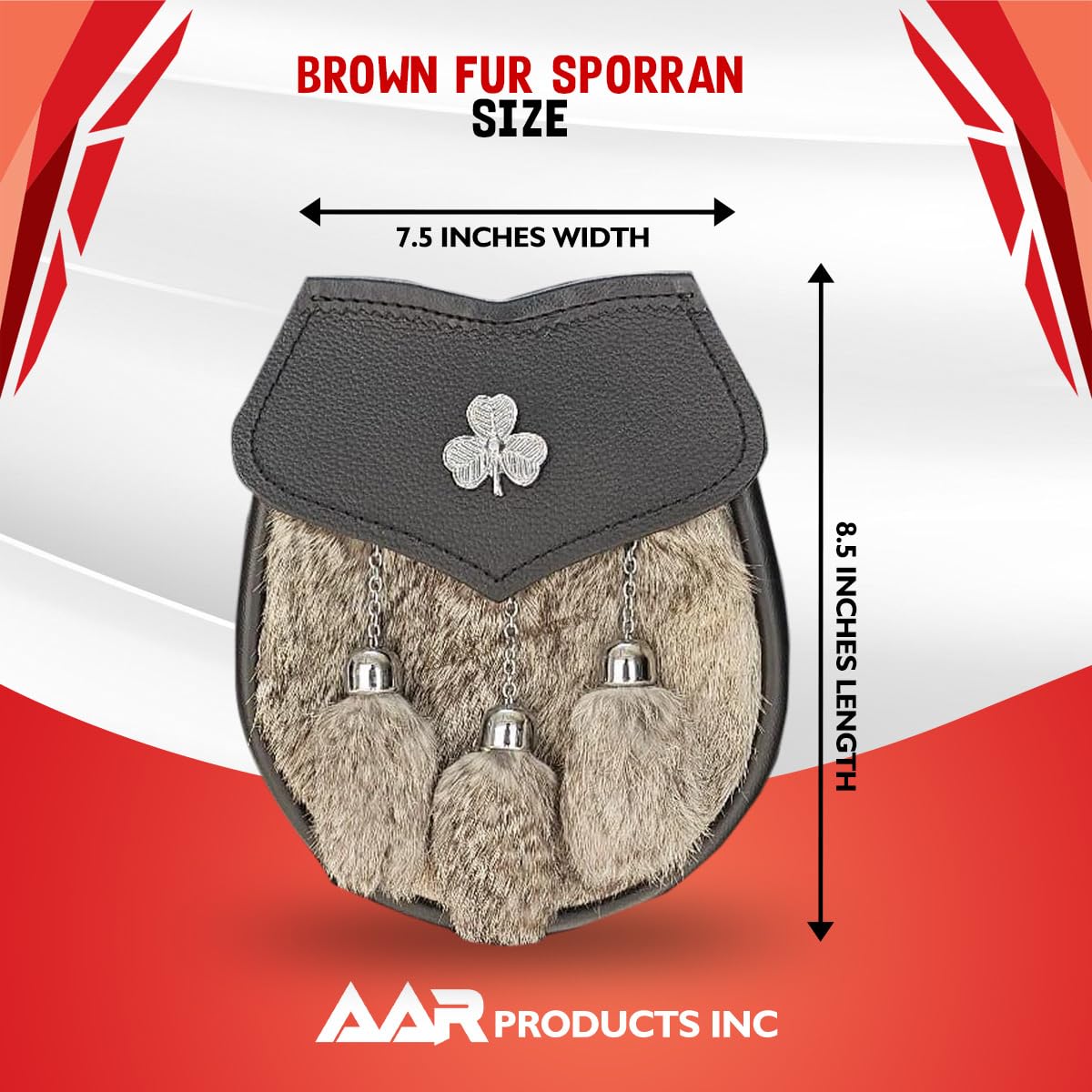 AAR Mens Semi Dress Formal Sporran Brown Rabbit Fur 3 Tassels Free Leather Belt Chain,Irish Shamrock,One Size