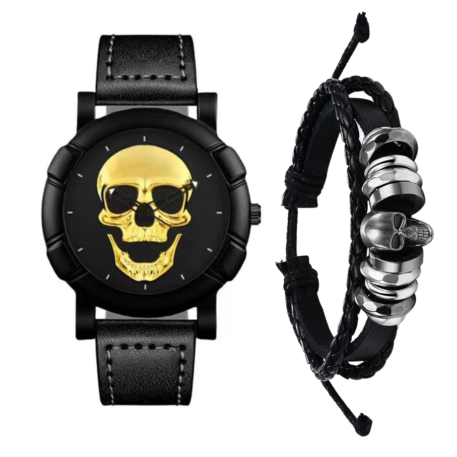 Men Skull Leather Watch Bracelet Mens Halloween Black Steampunk Goth Cuff Wrist Watch Women Gothic Skeleton Punk Rock Relojes
