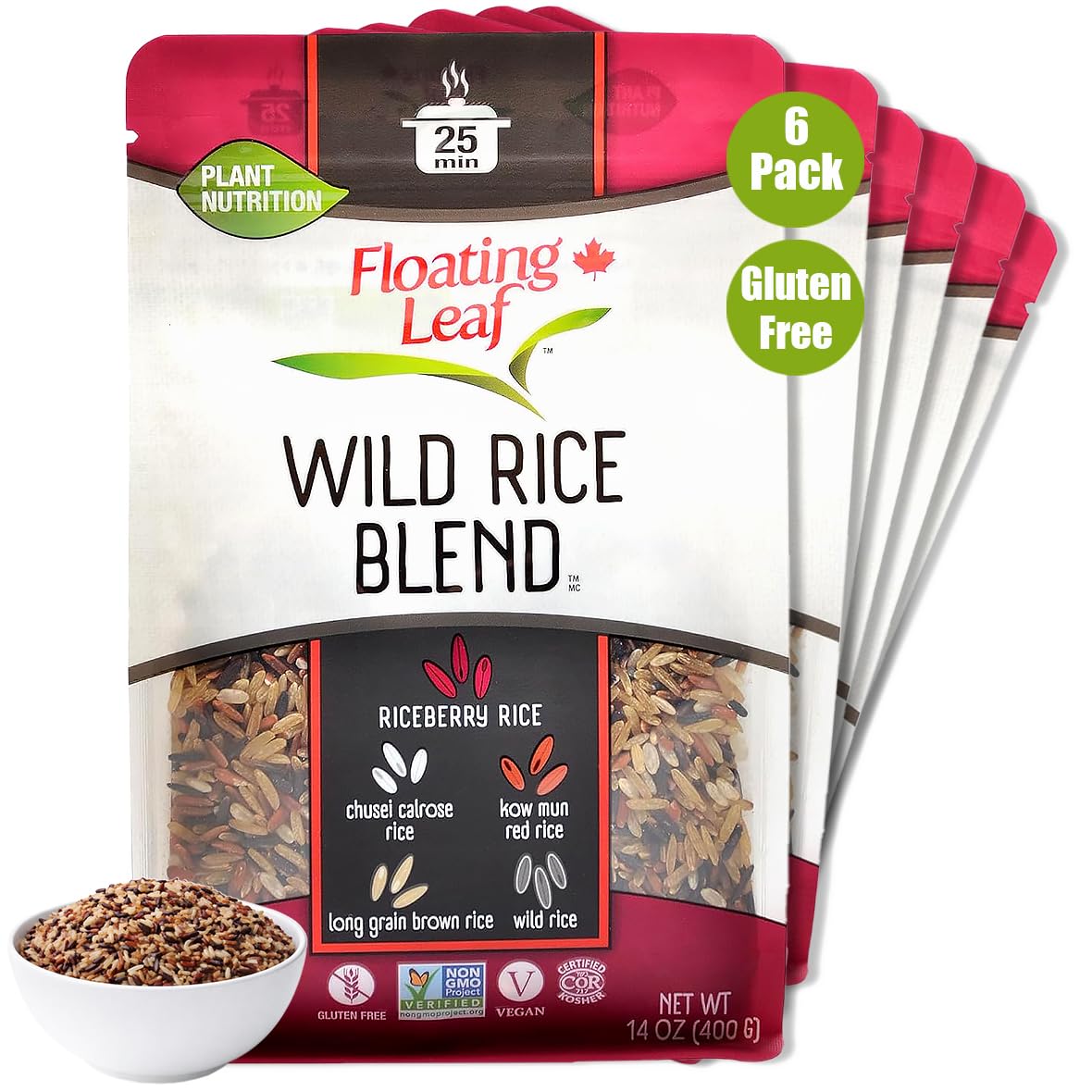 Floating Leaf Long Grain Wild Rice Blend - Non-GMO & Gluten free Organic Rice | Wild Rice Blend With Riceberry, Red Rice And Brown Rice (Pack of 6) 14 oz each | All Natural Vegan Plant Based Rice Mix