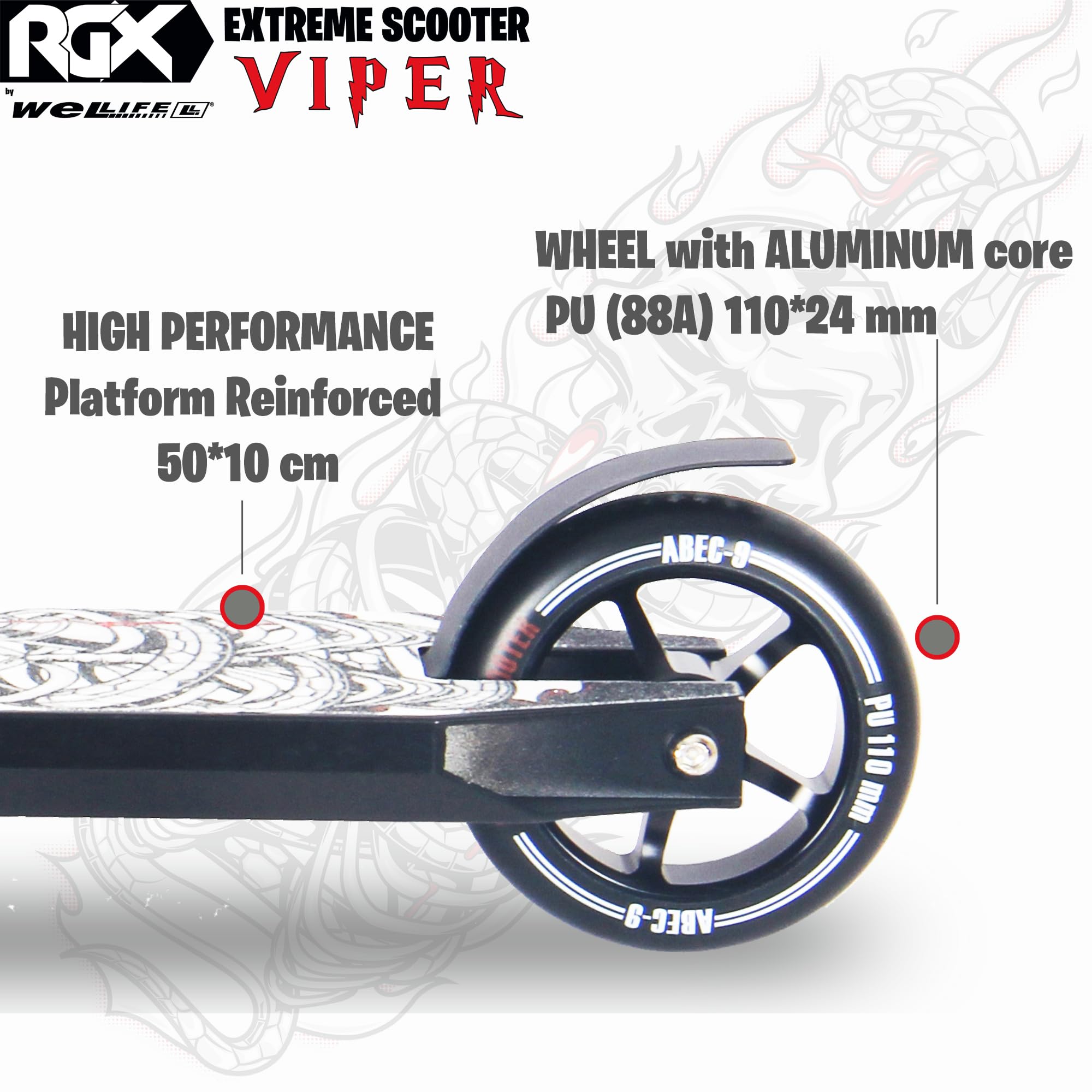 WeLLIFE Viper Trottinette de freestyle, avec système de connexion HIC, roues en polyuréthane de 110 mm avec jante en aluminium, roulements à billes ABEC 9RS, guidon à rotation à 360°, plateforme renforcée pour enfants/adultes