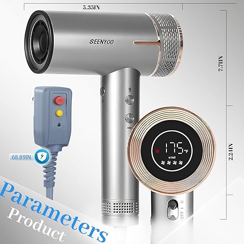 Miniatura 5 de Secador de pelo, 160,000 rpm, secado rápido, de bajo ruido, profesional, con boquilla magnética, pantalla HD para uso en el hogar