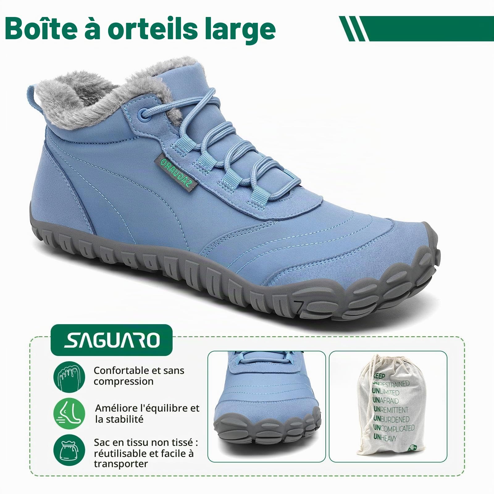 SAGUARO Bottes Barefoot Hiver Femme - Chaudes Fourrées, Boîte à Orteils Large & Semelle à Drop Zéro, Gr.36-42