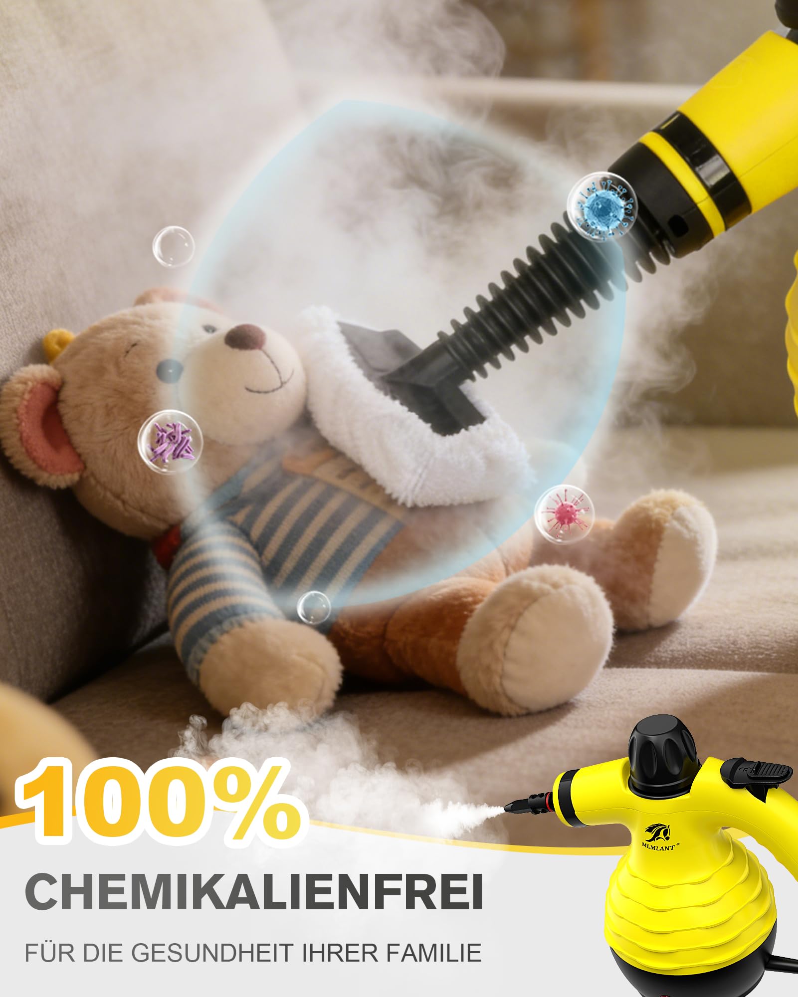 MLMLANT Dampfreiniger, Handdampfreiniger Mit Sicherheitsverriegelung und 9-teiligem Zubehörset, geeignet für Teppiche, Autositze, Sofas, Polstermöbel und mehr.