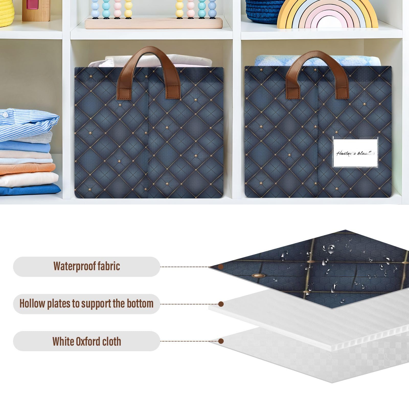 KLL Canastas de almacenamiento de rejilla azul medianoche para estantes con asas, cubos de almacenamiento para organizar ropa, jeans, libros, paquete de 2 cajas organizadoras para armario