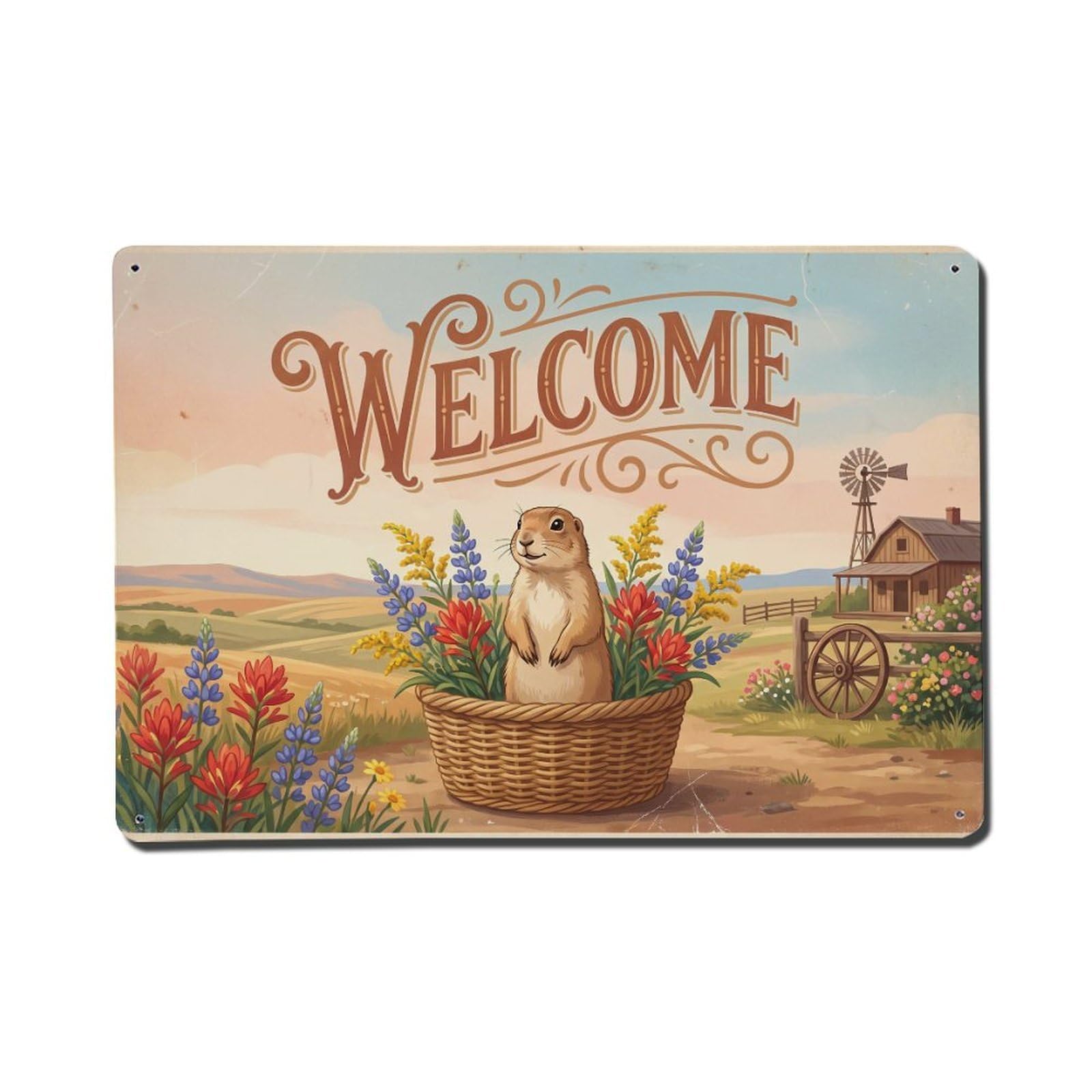 Vintage Welcome Prairie Dog Friendly Face Metal Tin Sign