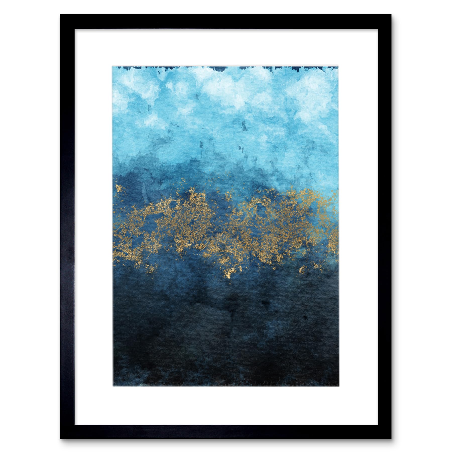 Wee Blue Coo Abstract Blue And Gold Watercolour Art Print Framed Poster Wall Decor 12X16 Inch