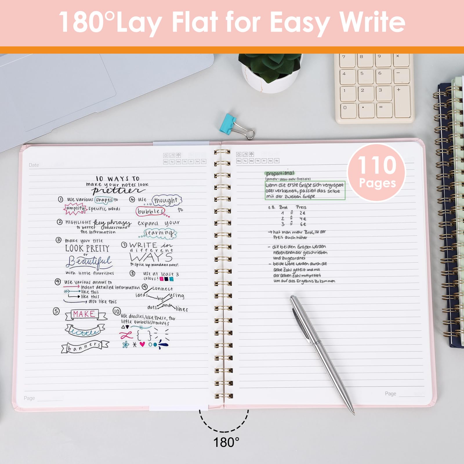 LABUK Cuaderno en espiral de 8.5 x 11 pulgadas, cuadernos grandes A4 para mujeres, cuaderno de tapa dura con rayas universitarias para el trabajo, la escuela, tomar notas, 55 hojas, 110 páginas