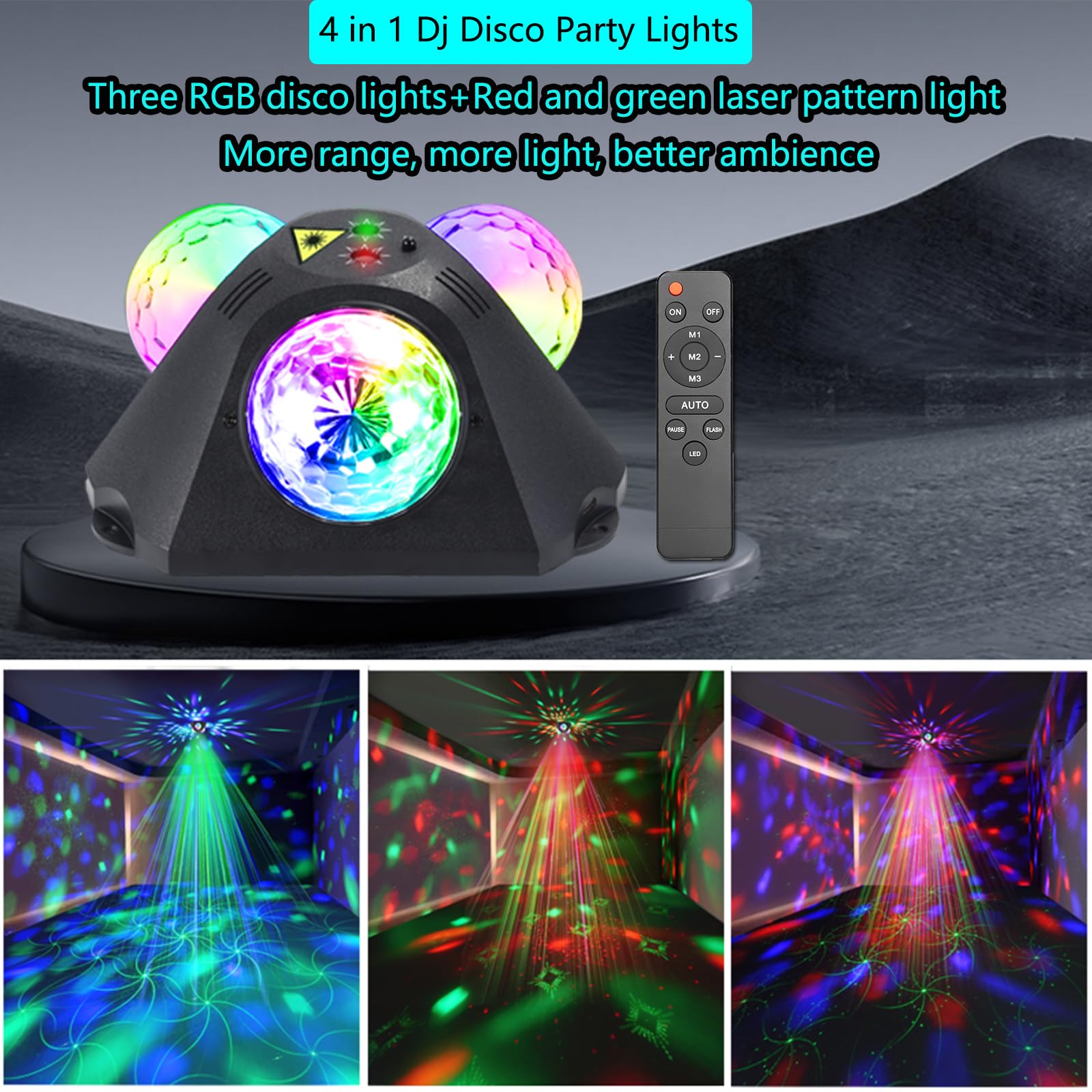 4 in 1 Disco Ball DJ Party Lights, 3 RGB Disco Lights+Red and Green Pattern Lamp Strobe Lighting for Home Room Dance Parties Birthday Karaoke Halloween Christmas Wedding Show Club Decorations