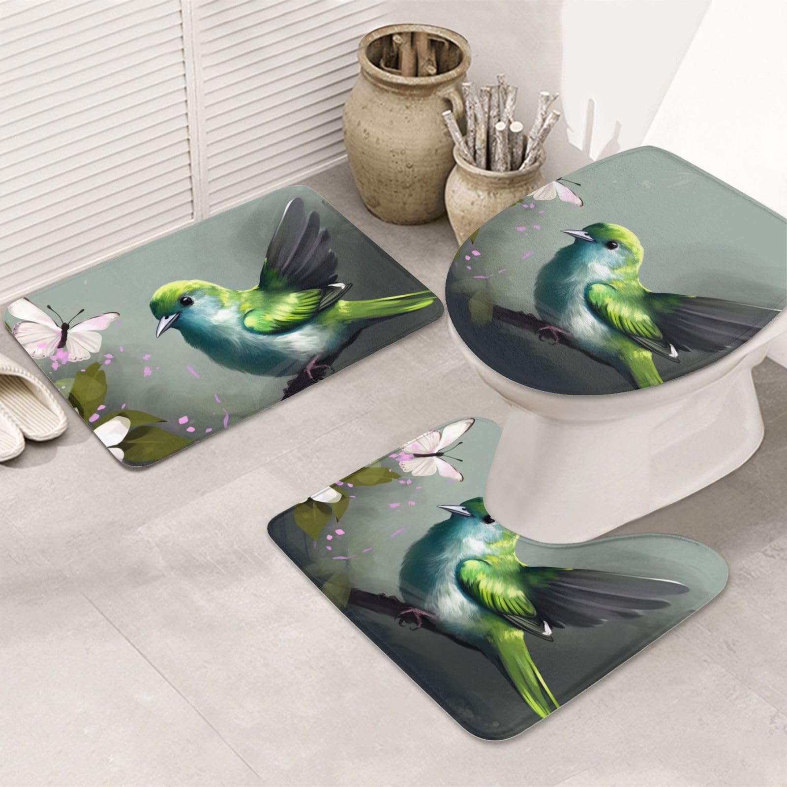 Tapis de bain antidérapant oiseau vert lot de 3 pour une ambiance de douche naturelle et zen