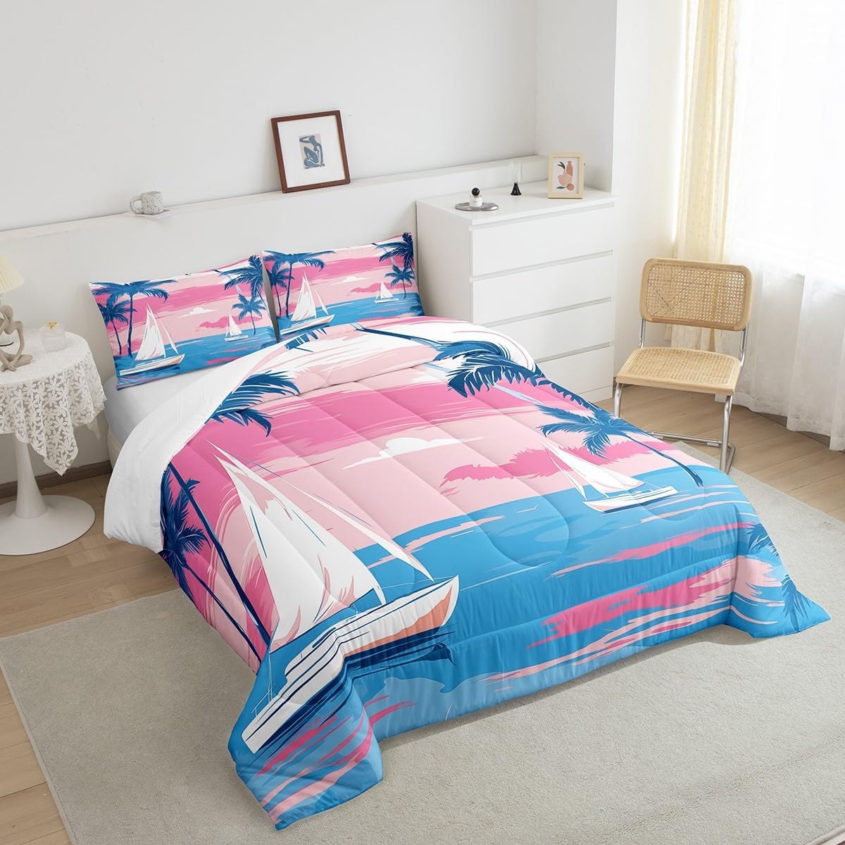 Erosebridal Nautical Sail Boat Twin Comforter Set for Kids Boys Girls Tropical Palm Tree Bedding Sets,Sea Ocean Theme Down Comforter Hawaii Beach Quilted Duvet Pink Blue Bedroom Decor,Breathable 2pcs