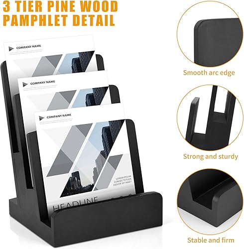 Miniatura 3 de Soporte de madera para folletos de 3 niveles, soporte de exhibición de folletos de 6 x 9 pulgadas, soporte de exhibición de folletos negro, soporte
