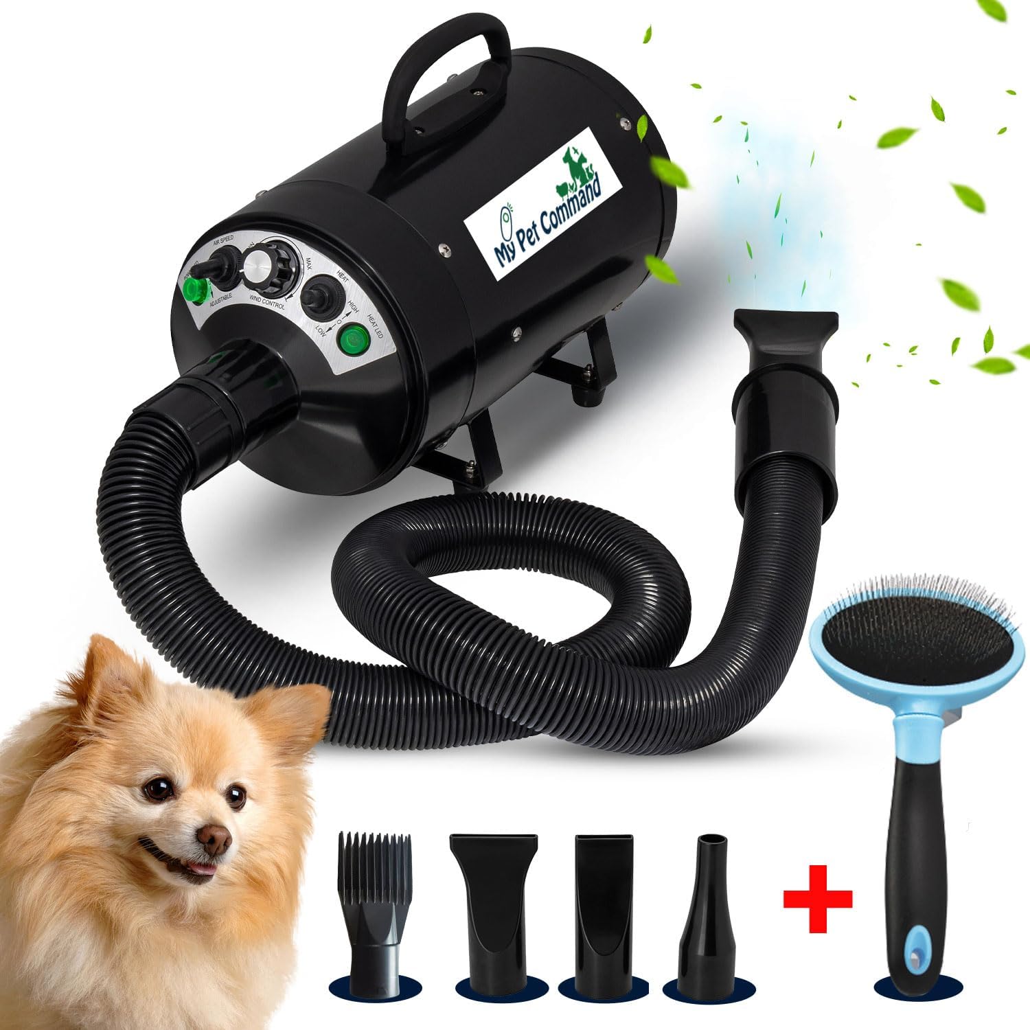 My Pet Command 220V Professional Dog Hair Dryer Blaster 500W-2800W 4HP Hot and Cold Adjustable stepless Airflow Pet Grooming High Velocity Air Blower blaster Drying Deshedding extra Dog Grooming Brush