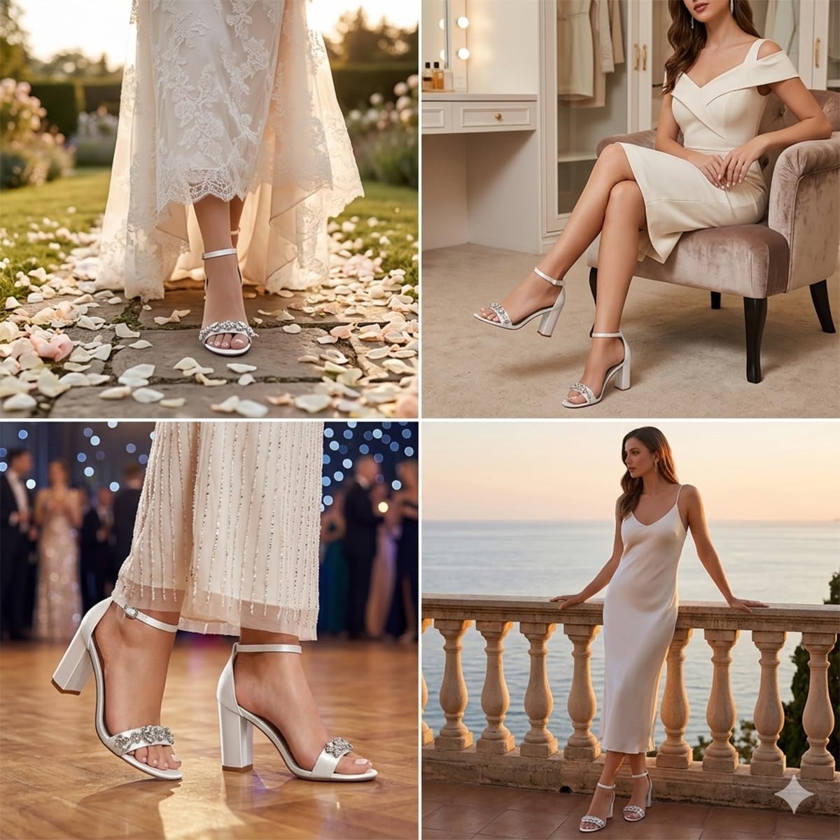Sandalias Glamurosas de Satén con Cadena de Cristales para Mujer, Tacón Ancho 8,5cm, Zapatos de Gala Elegantes con Adorno de Pedrería para Fiestas y Bodas