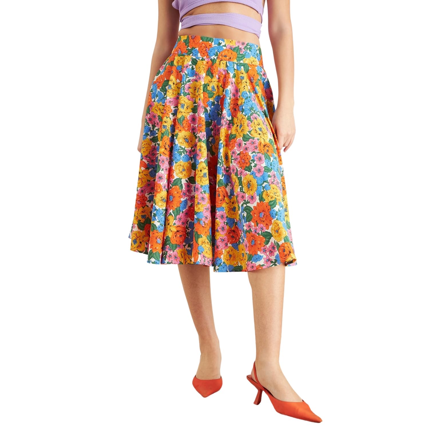 berrylush Women Floral Printed Crepe High-Rise Waist Flared A-Line Midi Skirt-picture-11
