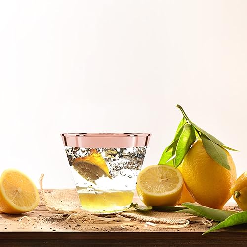 Miniatura 7 de Paquete de 50 vasos de plástico con borde de oro rosa, 9 onzas de alta calidad, desechables de oro rosa, copas de vino de plástico duro transparente