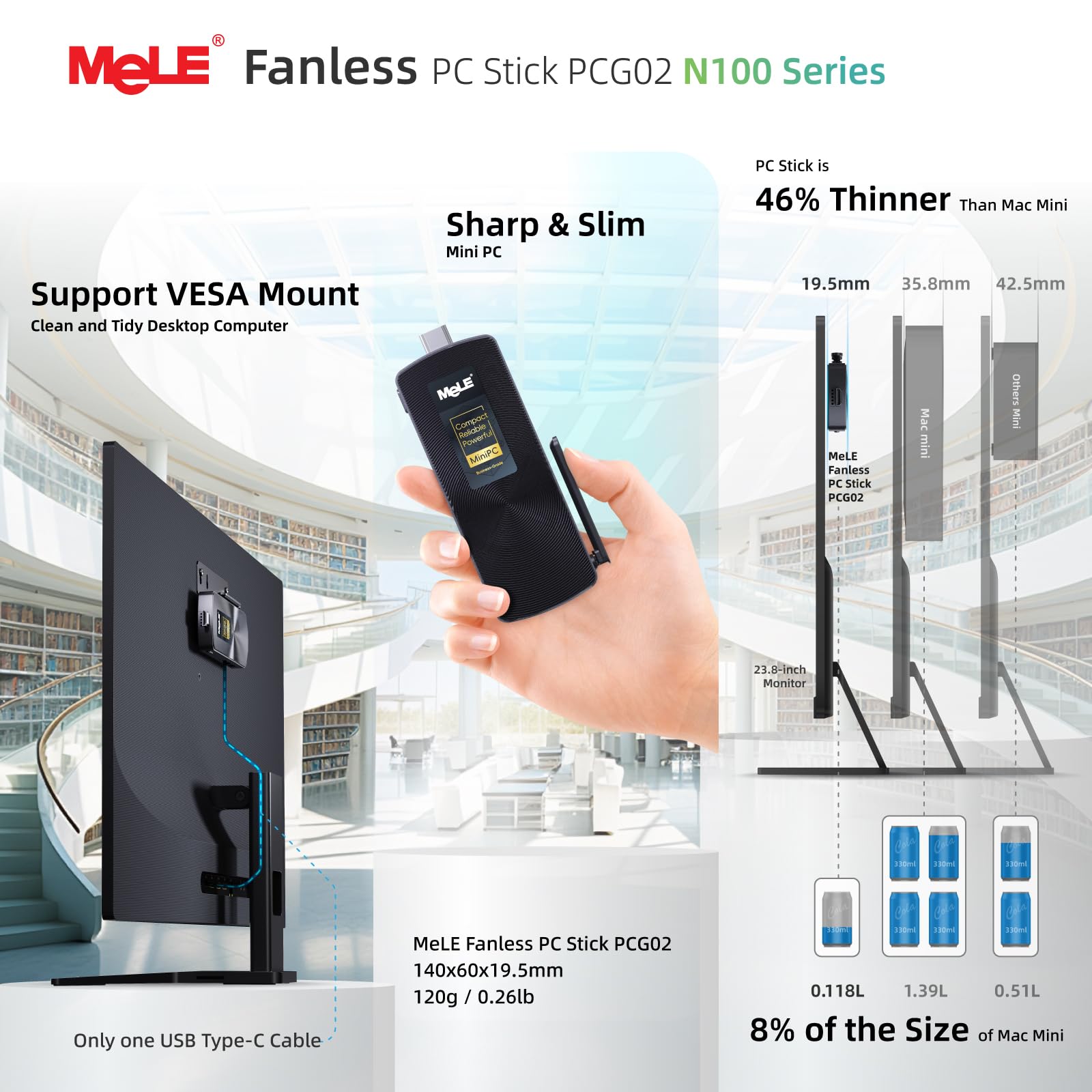 MeLE PCG02 PC Stick Sin Ventilador, N100 8GB 128GB, Doble HDMI, Gigabit | N100 hasta 3.4GHz, 8GB RAM, 128GB almacenamiento, doble HDMI 4K, USB-C PD3.0, Wi-Fi 5, ethernet gigabit, soporte VESA, for...