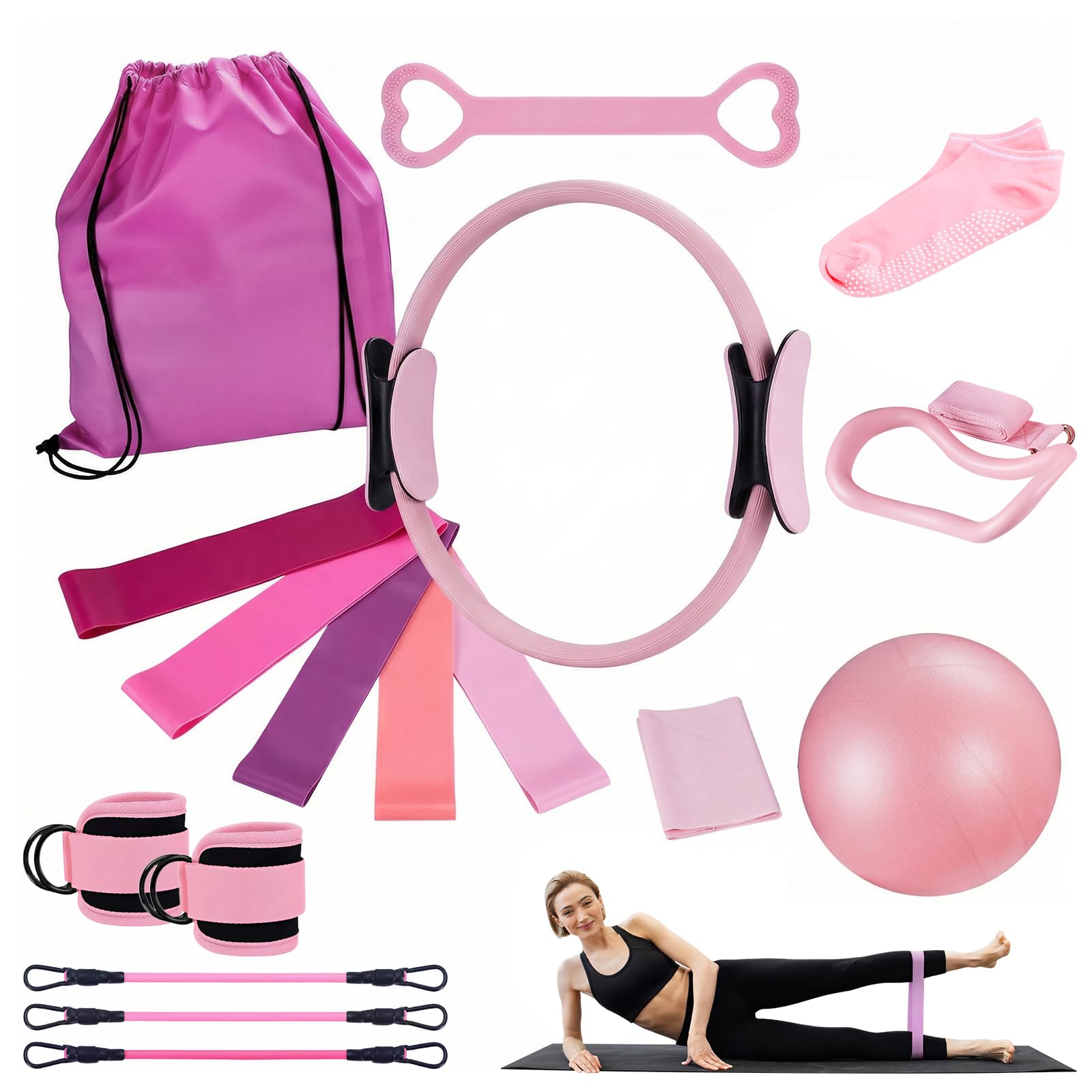 Ensemble de 18 pièces pour Pilates, anneau de Pilates, balle de yoga, bande de fitness, anneau de tension, anneau de massage et sac