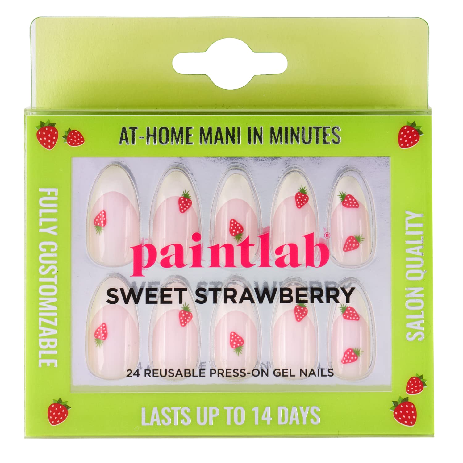 PaintLab Press On Nails, 24 Piece Fake Nails Kit Plus Nail Glue, Nail File, Prep Pad and Cuticle Stick, Gel Nail Kit for Women and Girls, Sweet Strawberry