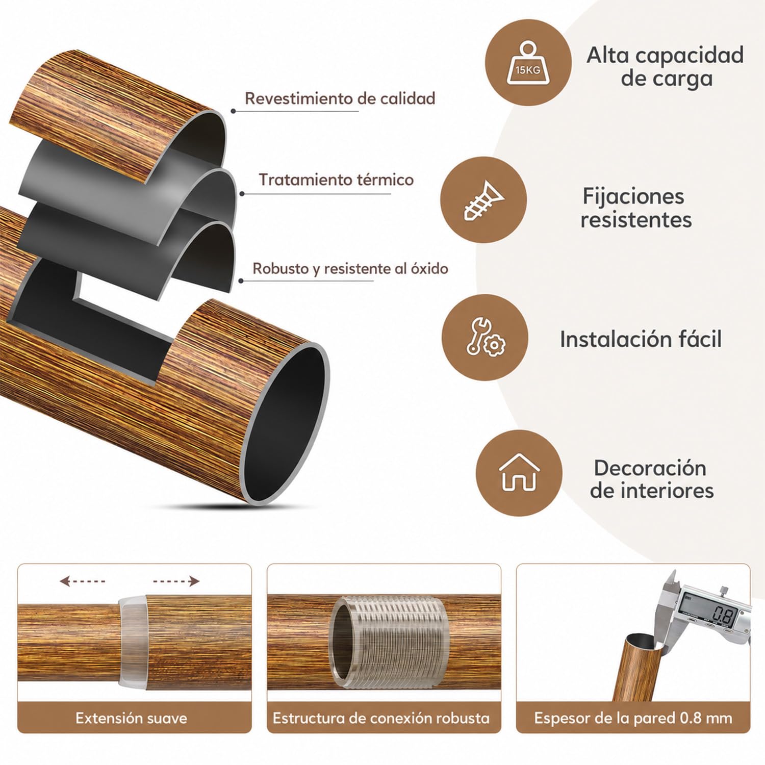 Barra Cortinas Extensible Con Acabado De Madera,Longitud Total 80-218 Cm, InstalacióN Mural,DiáMetro 25 Mm,Varilla MetáLica Gruesa,Apta Para Dormitorio, SalóN Y Cocina