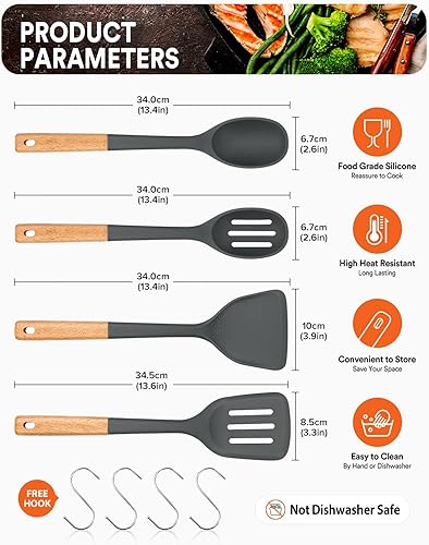 Miniatura 2 de Silicone Cooking Utensils Set, Perfectly Angled for Frying, Mixing,Serving,Draining,Turning and Stirring, BPA-Free Matte Silicone, Wood Handles,